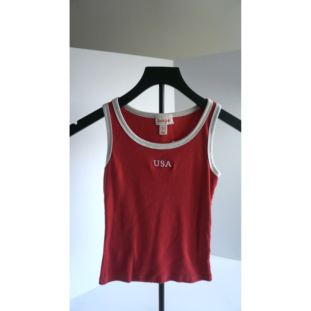 Cat & Jack Girls Red USA Embroidered Ringer Ribbed Tank Top Size S 6/7